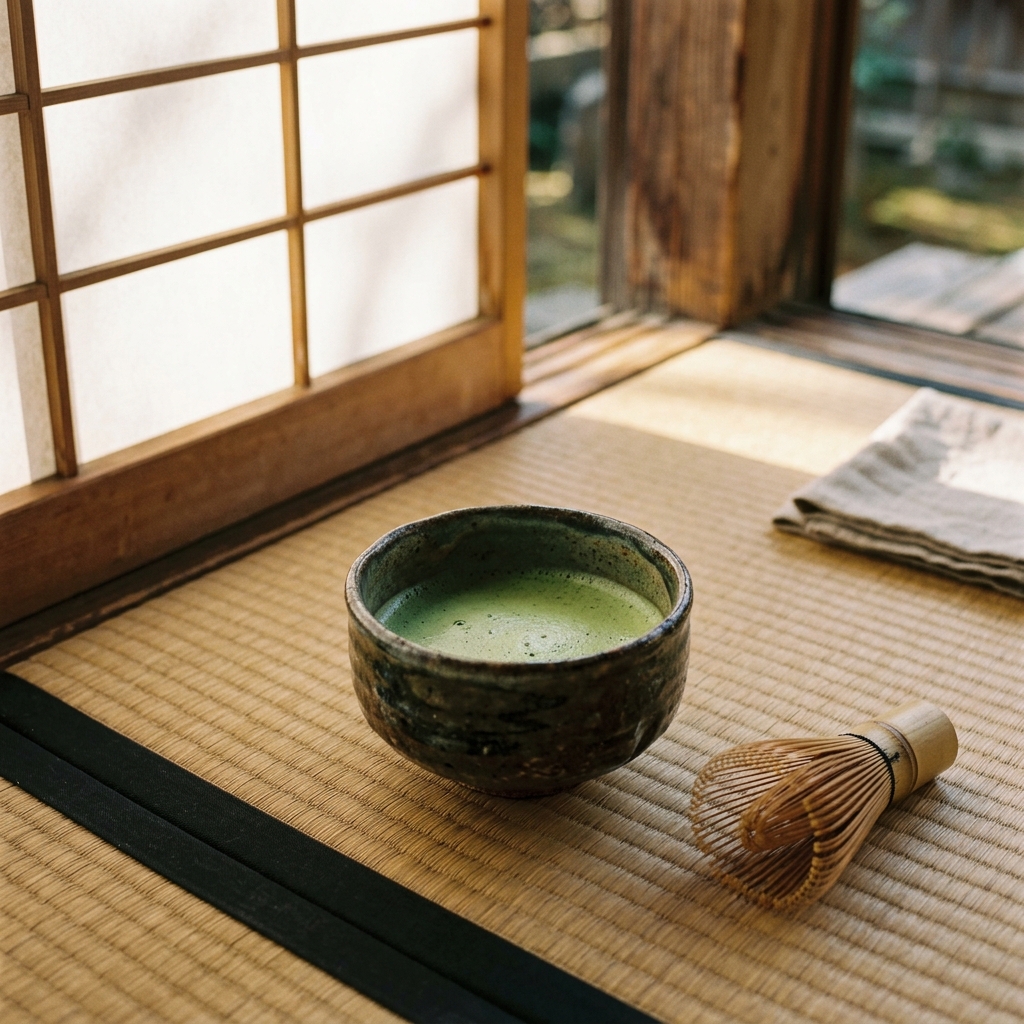 A vibrant green matcha tea in a rustic ceramic bowl with a bamboo whisk on a tatami mat under soft morning sunlight.