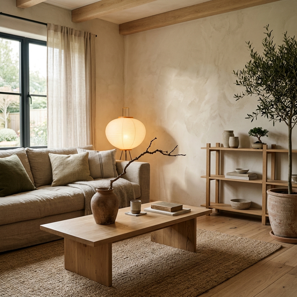 A cozy Japandi living room with wooden furniture, textured linen, and a clay vase representing soft wabi-sabi minimalism.