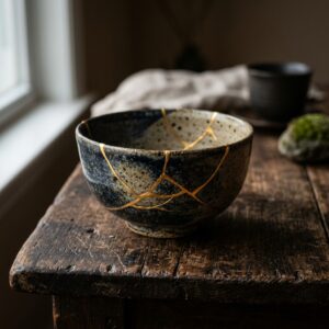 A beautifully restored Japanese ceramic bowl with golden lacquer seams sitting on a rustic dark wooden table.