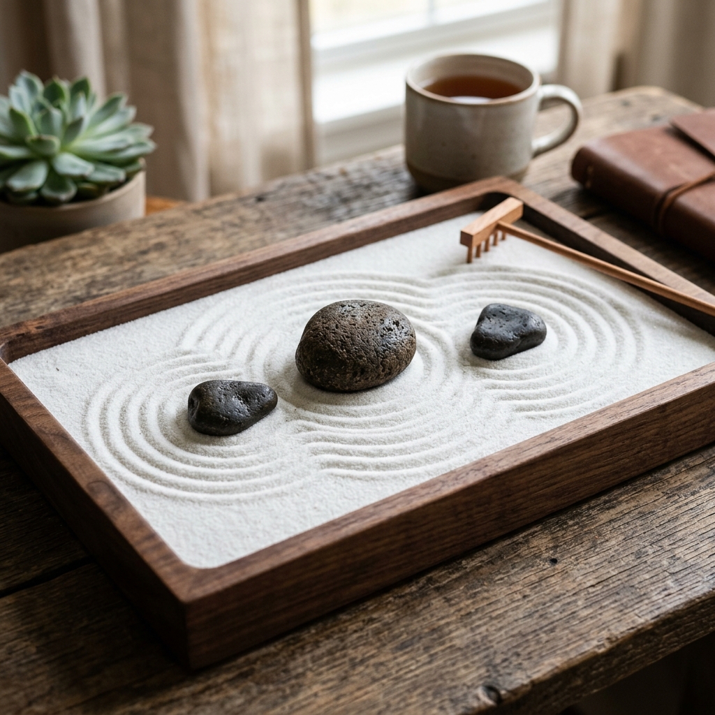A mini desktop Zen garden with raked white sand waves around three natural dark stones under soft light.